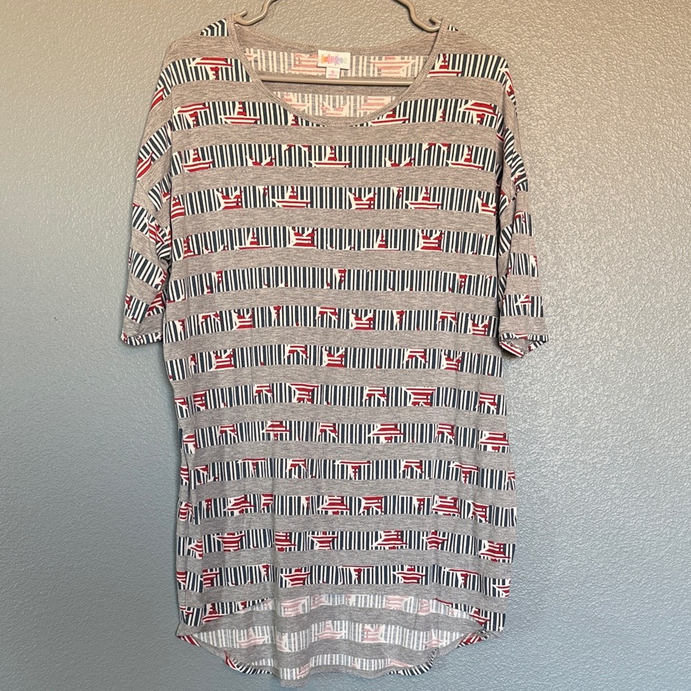 LuLaRoe Gray, Red, White & Blue Irma Tunic